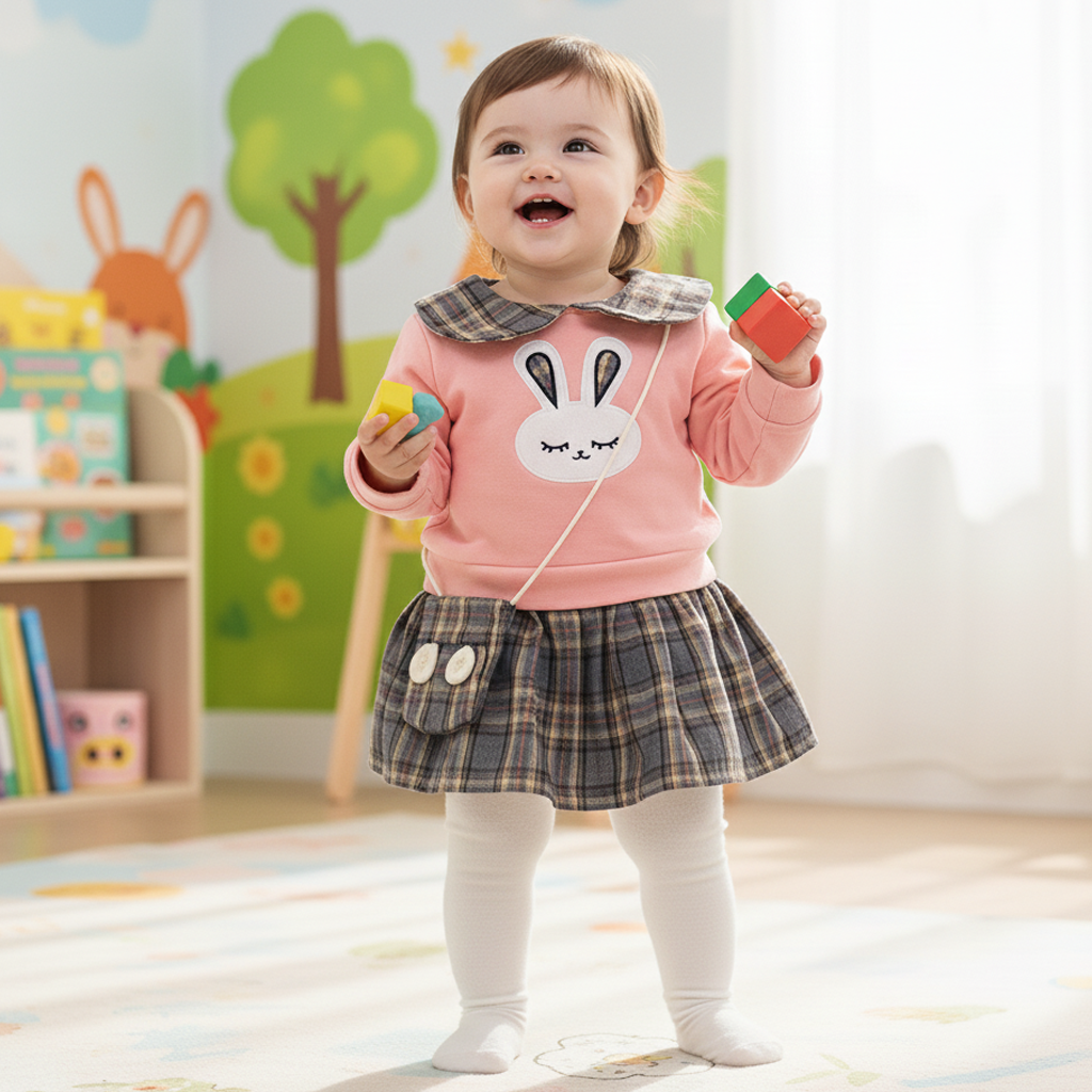 Imported 3D Bunny Winter Baby Girl Long Sleeve Shirt Frock for 9 Months - 3 Years