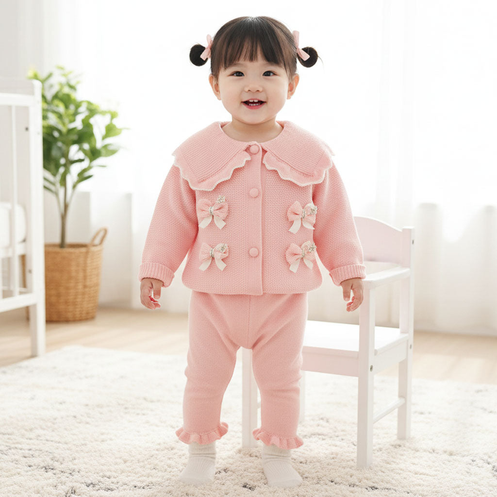 Imported Baby Girl Winter Rabbit Wool Dress with Stylish Collar Bows & Bell Bottom Flapper (3–18 Months)
