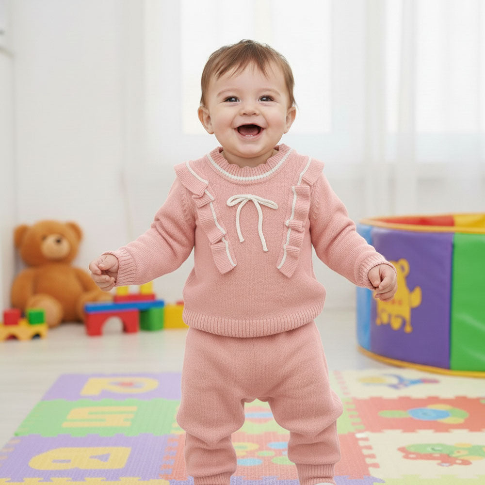 Imported Baby Girl Winter Bow Frill Stylish Rabbit Wool Warm Sweater Suit with Trouser for 0 Months - 18 Months