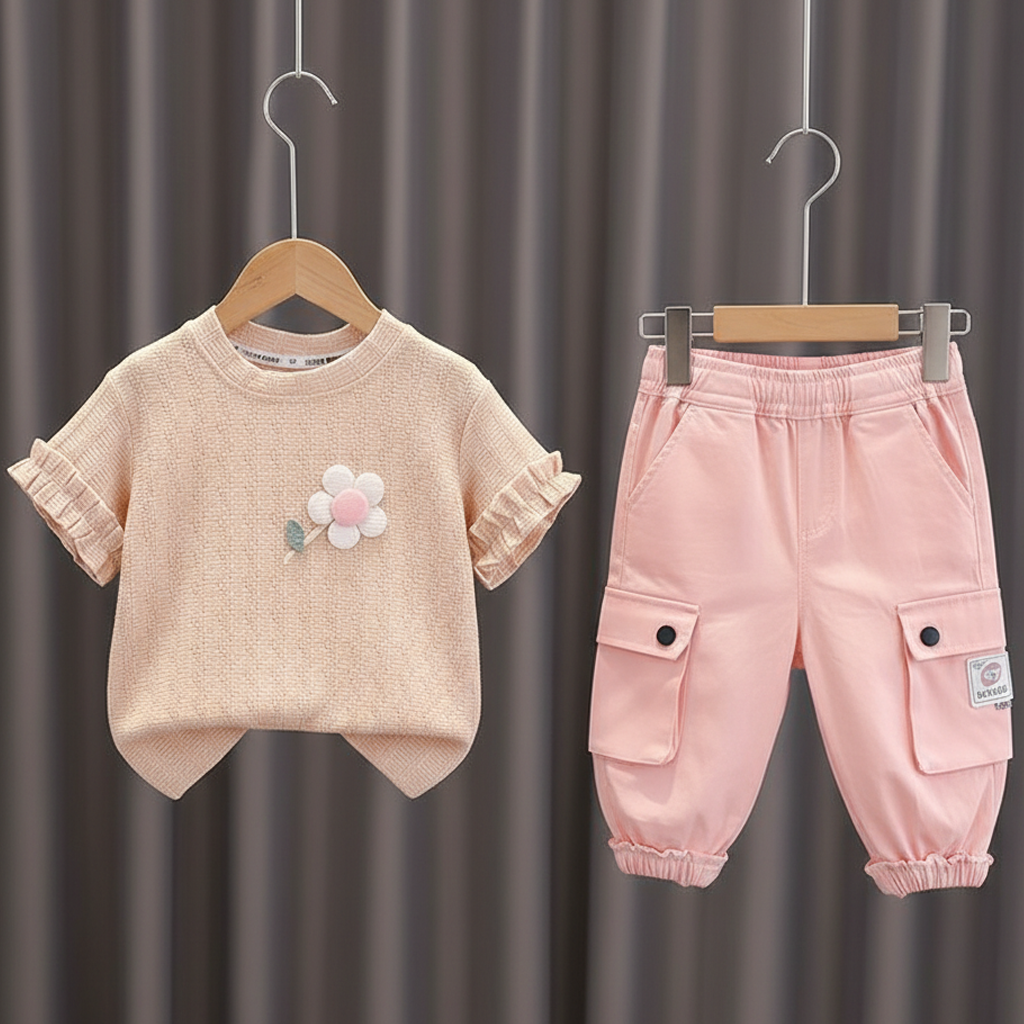 Imported Baby Girls Summer Flower Shirt with Baggy Cargo Pants (6 Months–4 Years)