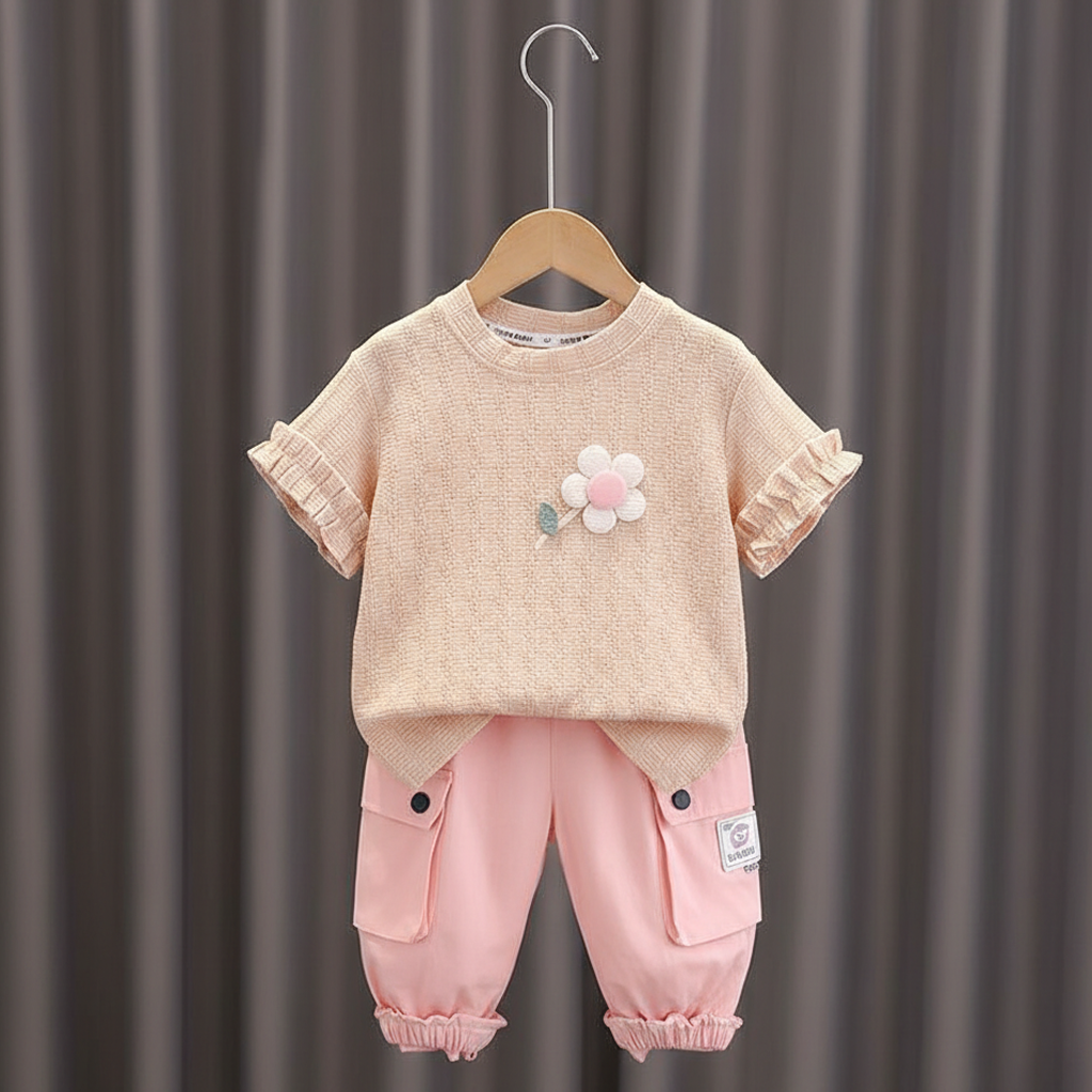 Imported Baby Girls Summer Flower Shirt with Baggy Cargo Pants (6 Months–4 Years)
