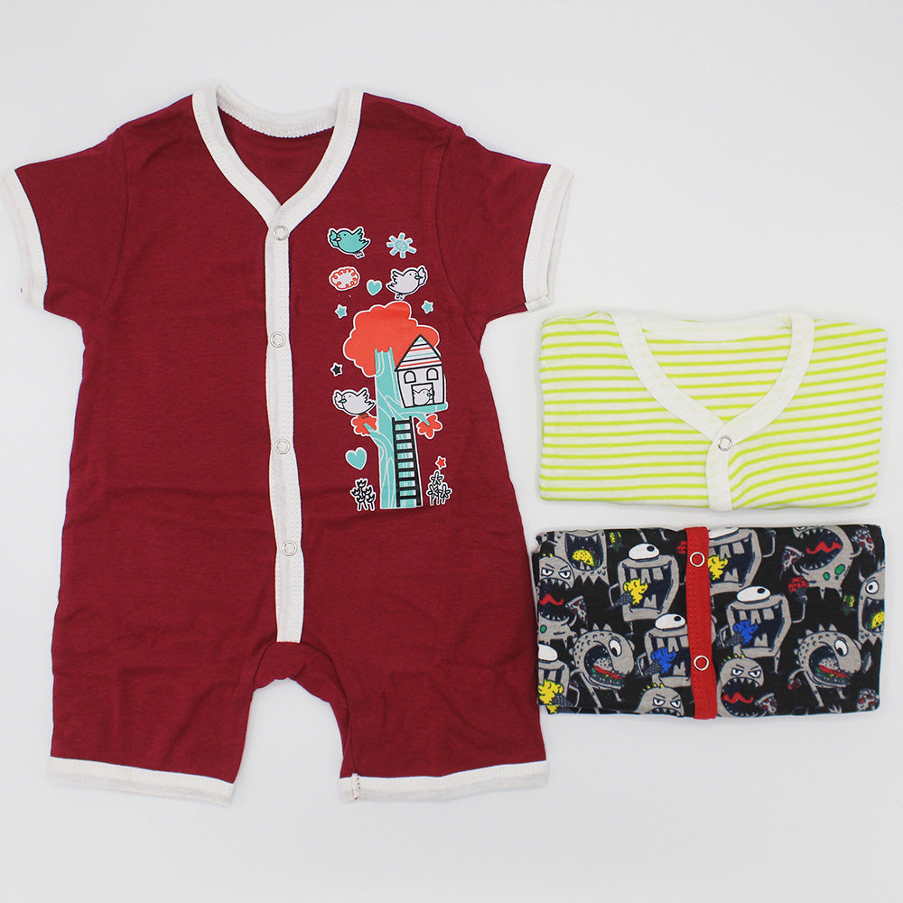 Imported Pack of 3 Rompers Half Sleeves Cotton Stuff Jumpsuit for 0-12 Months