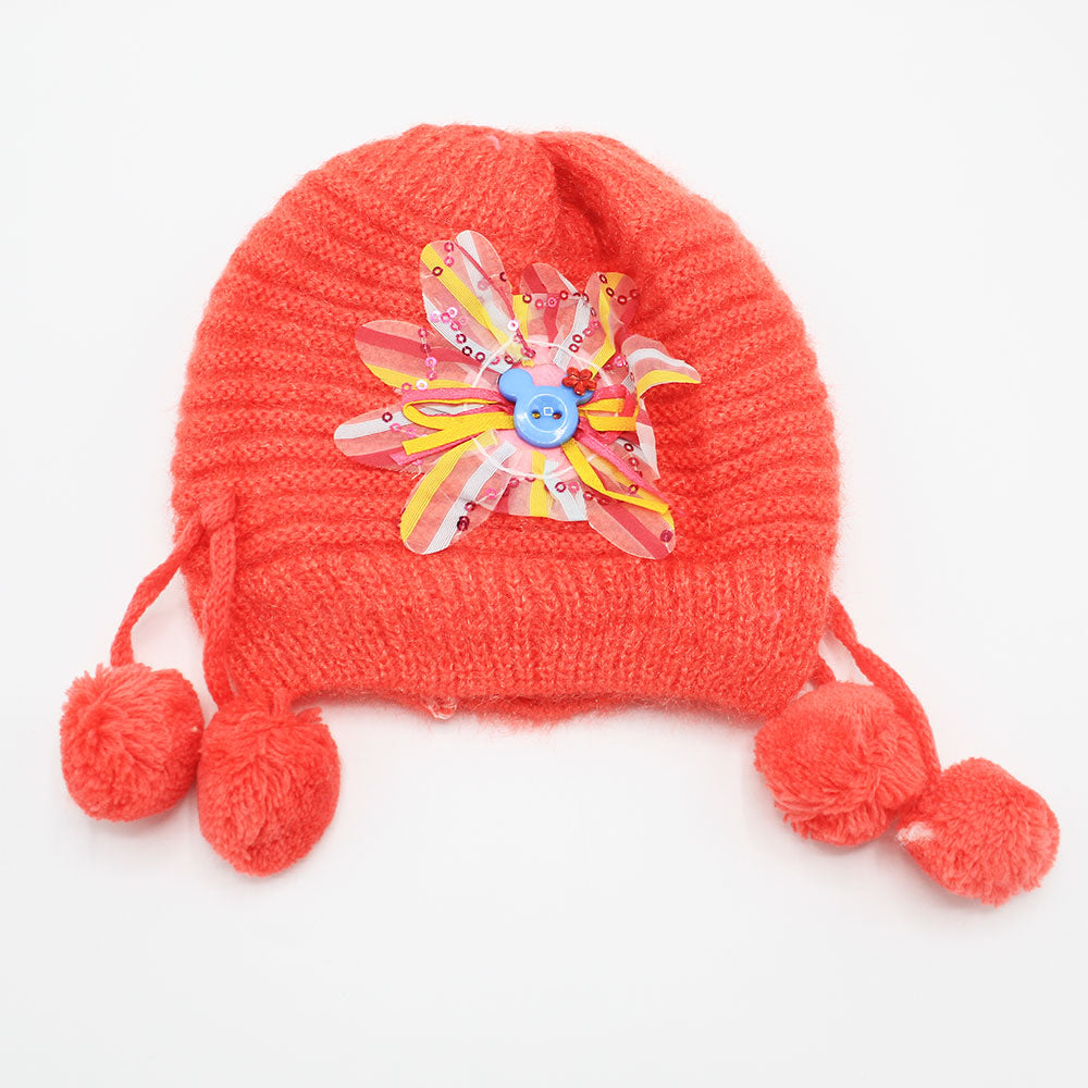 Imported Cute Flower Button Baby Girl Pom Pom Winter Warm Woolen Cap for 0-18 Months