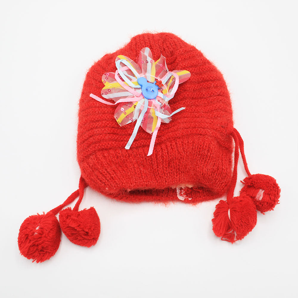 Imported Cute Flower Button Baby Girl Pom Pom Winter Warm Woolen Cap for 0-18 Months