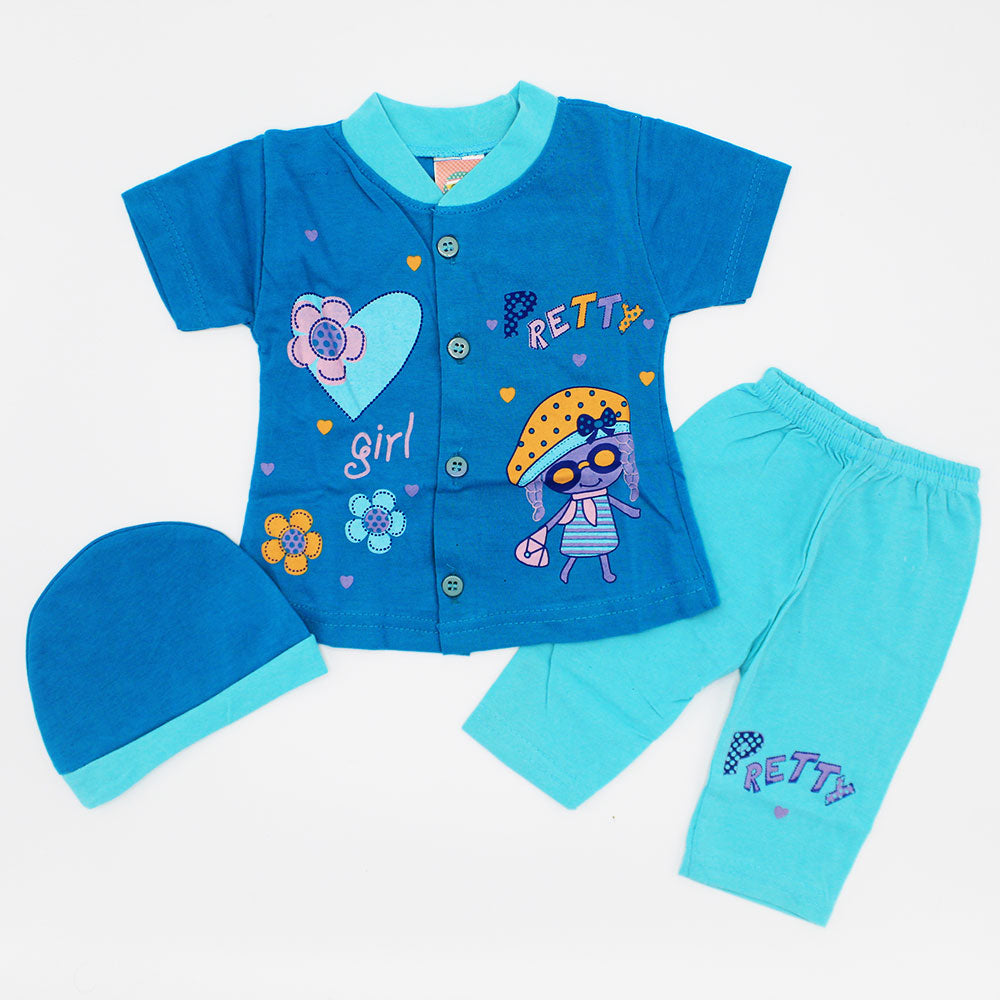 Newborn Baby Girl Chic Pretty Cat Half Sleeves Dress with Pajama and Cap for 0-3 Months