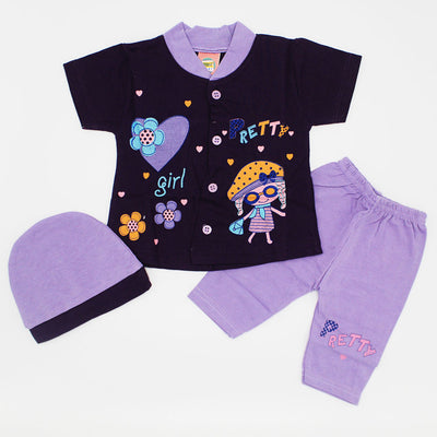 Newborn Baby Girl Chic Pretty Cat Half Sleeves Dress with Pajama and Cap for 0-3 Months