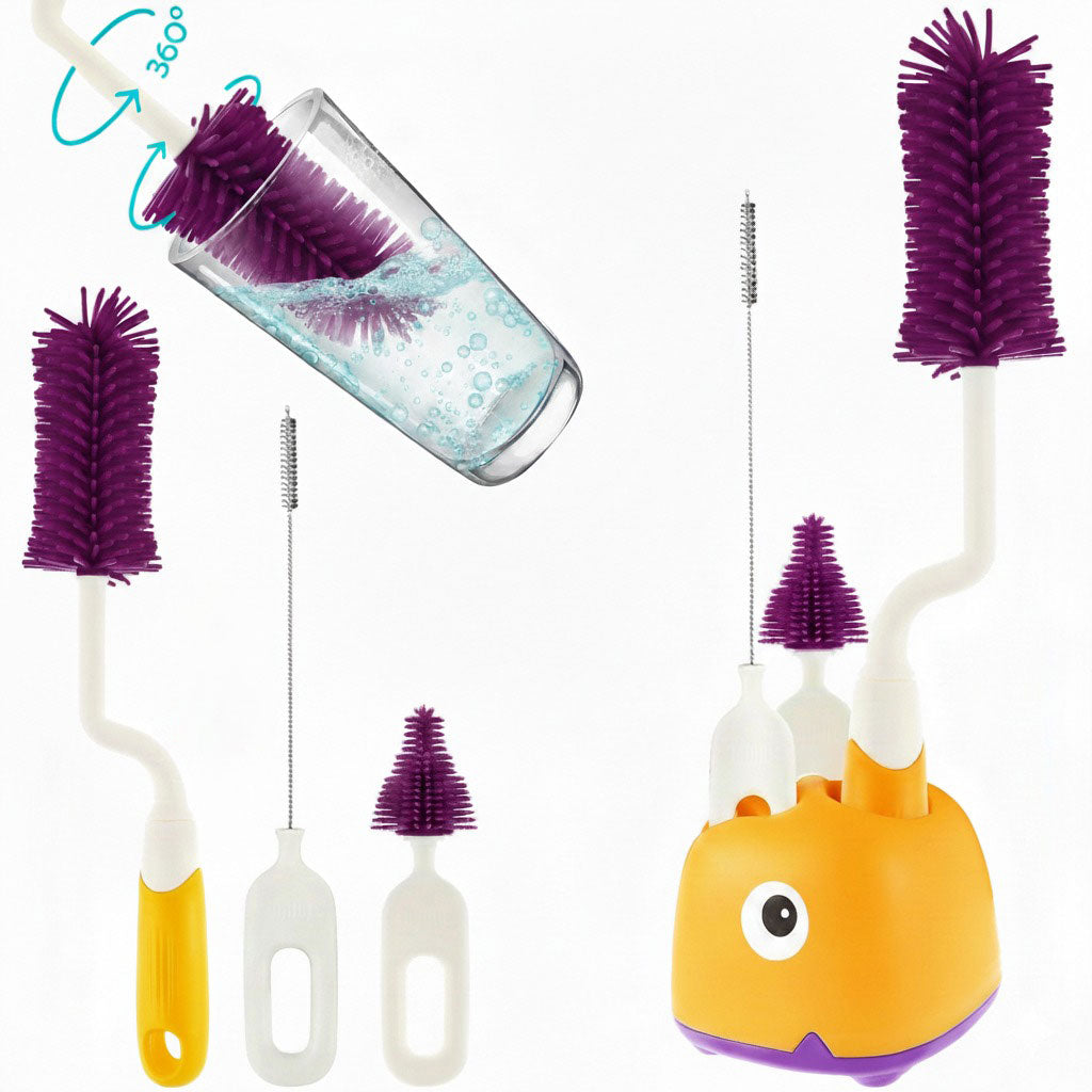 Imported Silicone Rotating Feeder Brush Set with Stand | Bottle, Pacifier & Straw Cleaner