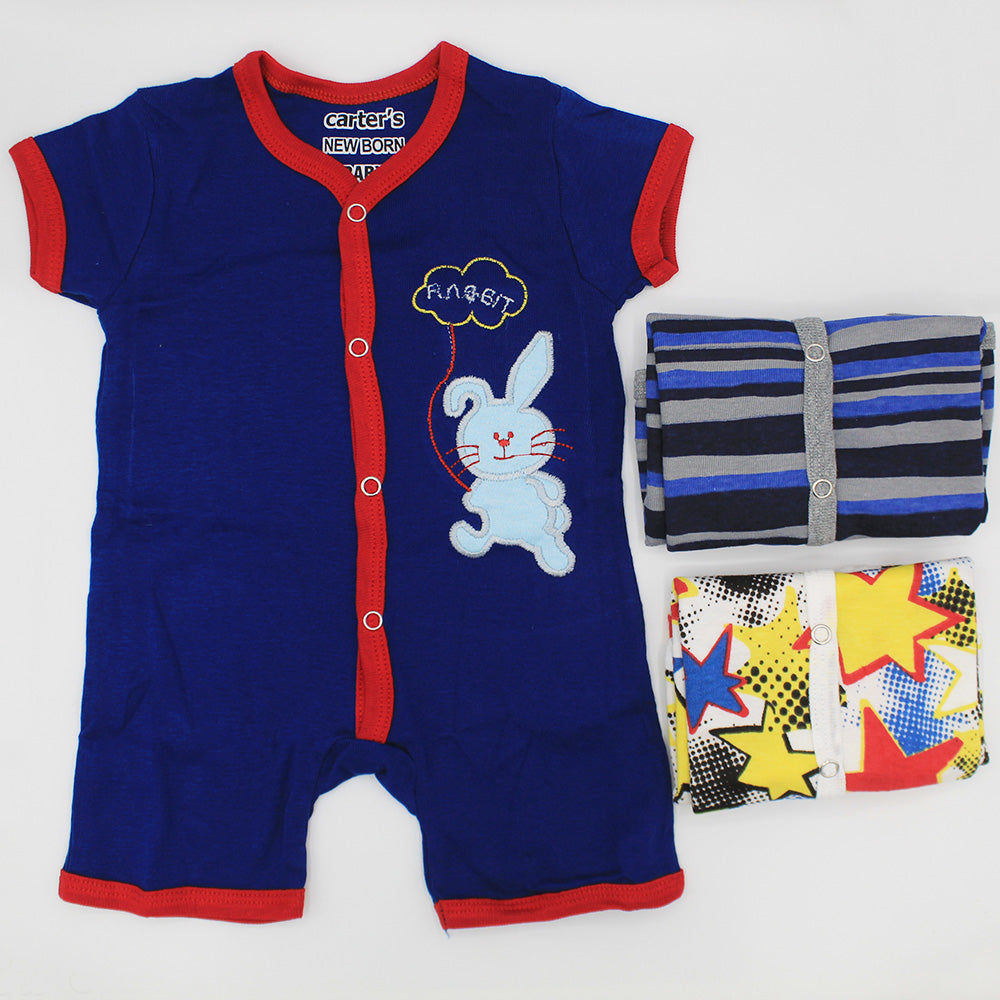 Imported Pack of 3 Rompers Half Sleeves Cotton Stuff Jumpsuit for 0-12 Months