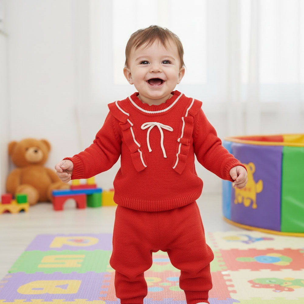Imported Baby Girl Winter Bow Frill Stylish Rabbit Wool Warm Sweater Suit with Trouser for 0 Months - 18 Months