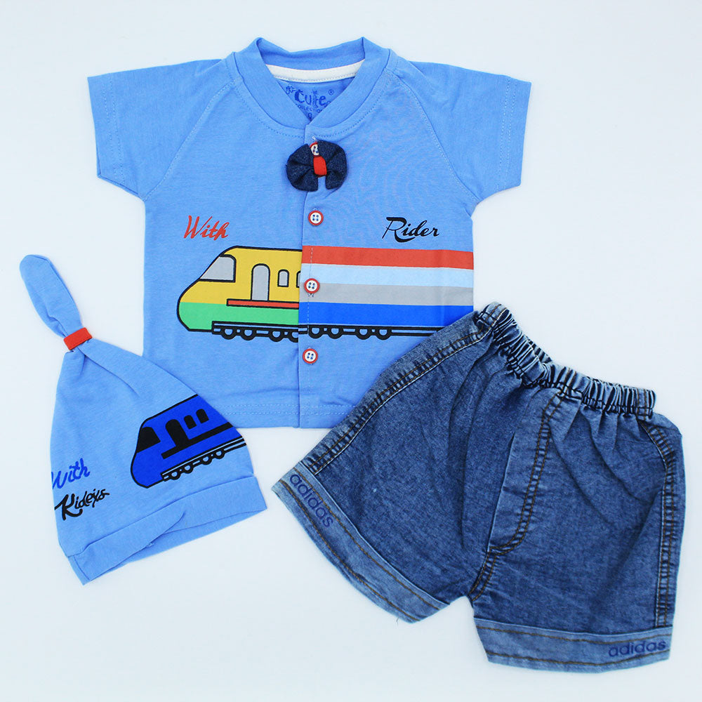 Newborn Baby Cute Rider Car Half Sleeves Dress with Denim Wash Shorts and Knot Stylish Cap for 0-3 Months