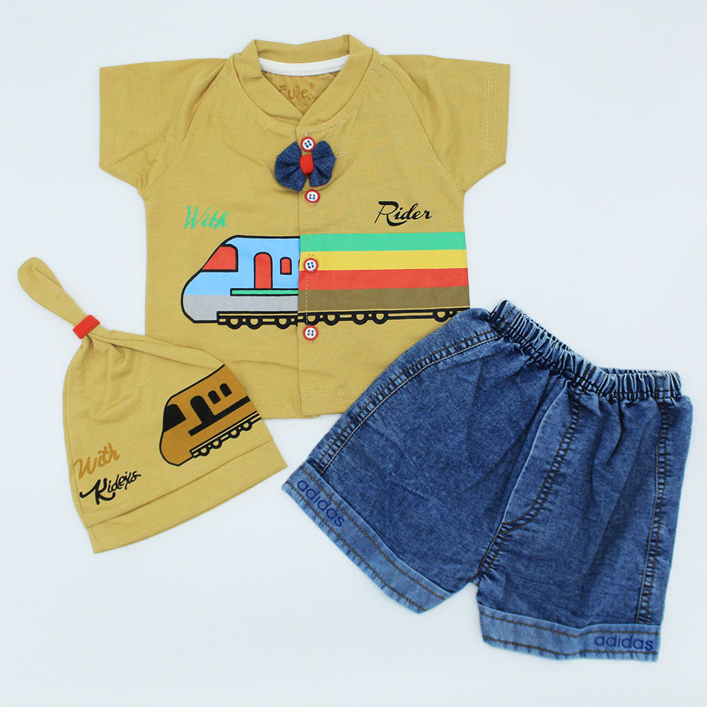 Newborn Baby Cute Rider Car Half Sleeves Dress with Denim Wash Shorts and Knot Stylish Cap for 0-3 Months