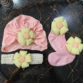 Imported Baby Girl Fur Ball Turban Cap Bow Hat Socks Headband Set for 4-18 Months