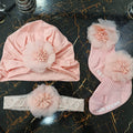 Imported Baby Girl Fur Ball Turban Cap Bow Hat Socks Headband Set for 4-18 Months