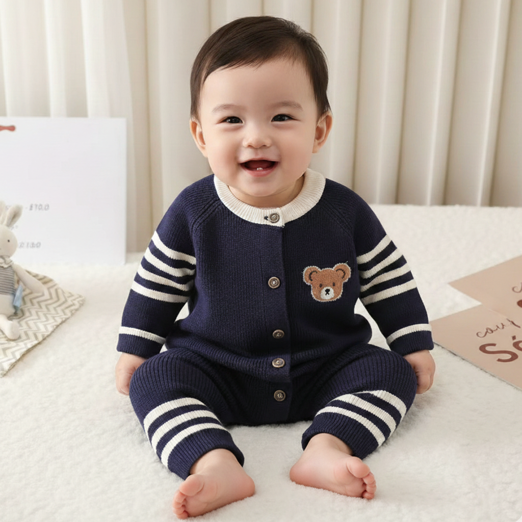 Imported Baby 3D Bear Ribbed Winter Romper | Soft Rabbit Wool Warm Suit (0–12 Months)