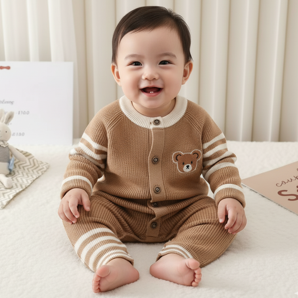 Imported Baby 3D Bear Ribbed Winter Romper | Soft Rabbit Wool Warm Suit (0–12 Months)