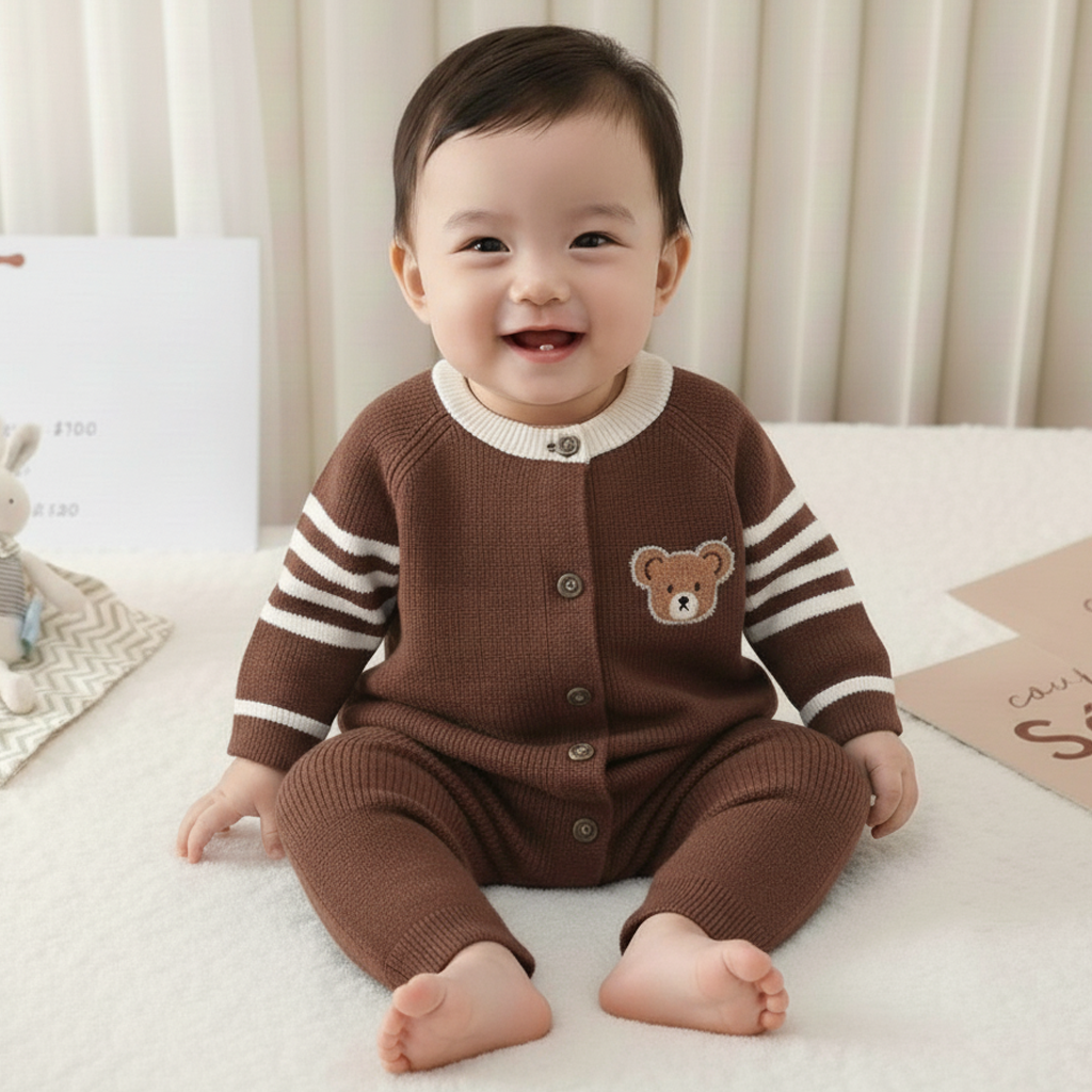 Imported Baby 3D Bear Ribbed Winter Romper | Soft Rabbit Wool Warm Suit (0–12 Months)