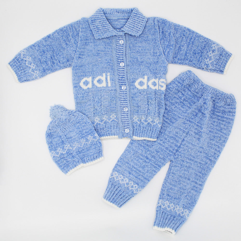 Imported Newborn Winter Woolen Knitted Baby Collar Style Front Button Sweater Suit With Cap for 0-6 Months