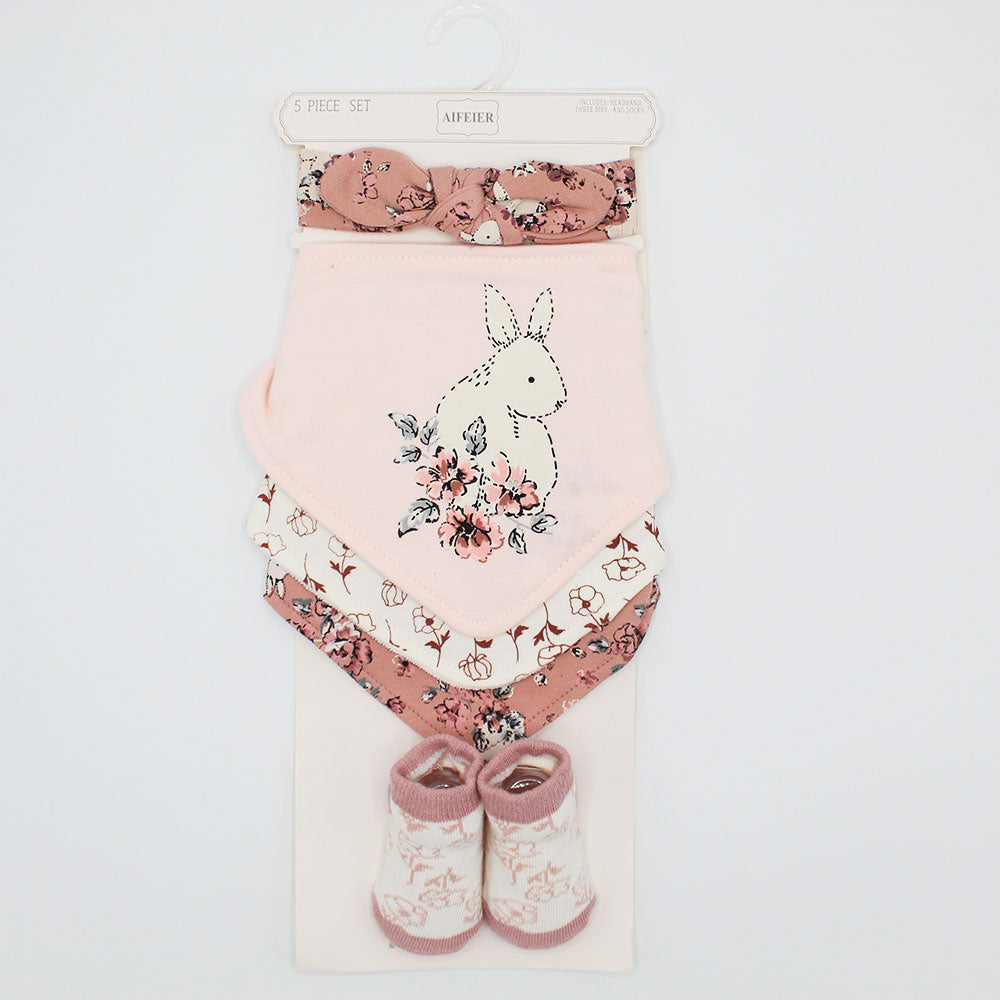 Imported Baby Girl Headband Bib and Booties 5 Piece Set for 0-6 Months