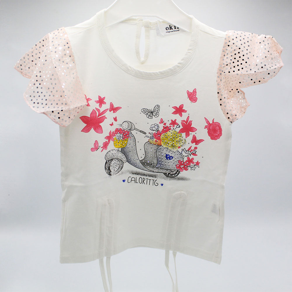 Imported Baby Girl White Floral Bicycle Fancy Frock Fly Sleeve Pullover Shirt for 18 Months- 5 Years