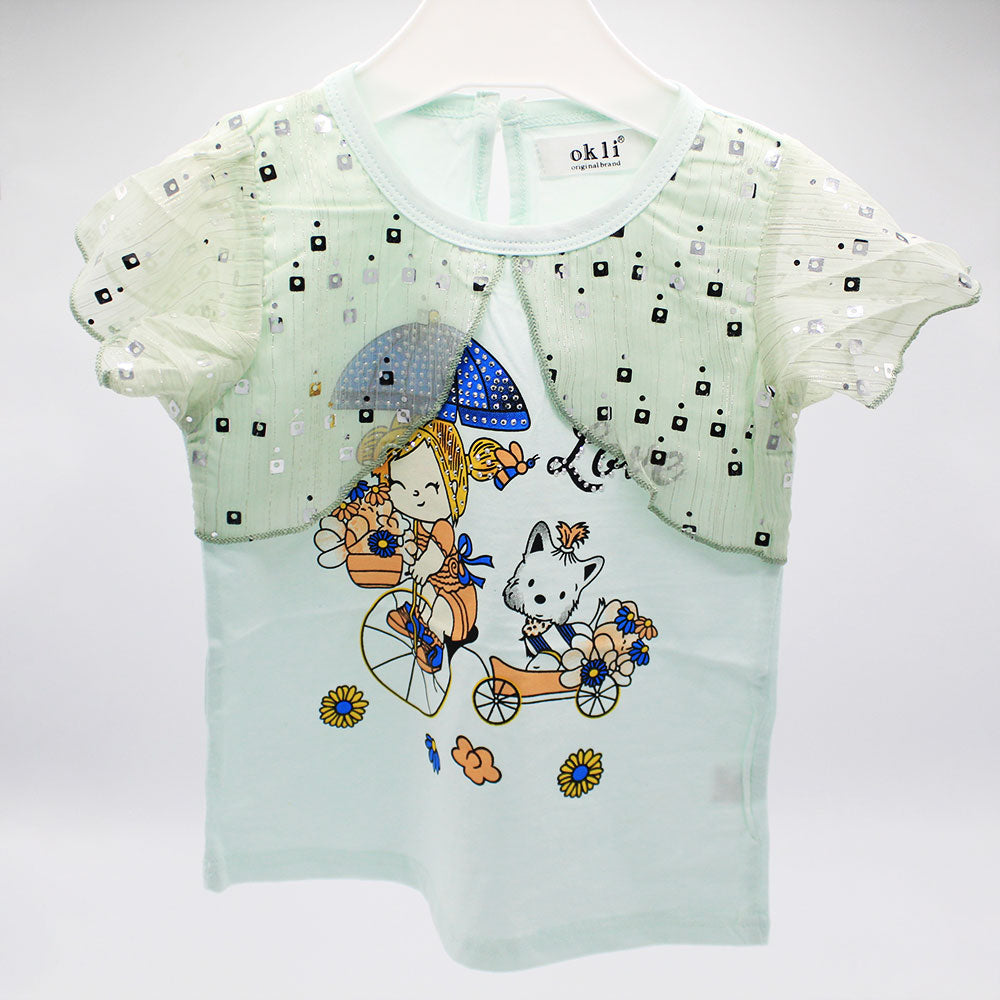 Imported Baby Girl Floral Cat Umbrella Fancy Frock Fly Sleeve Pullover Shirt for 18 Months- 5 Years