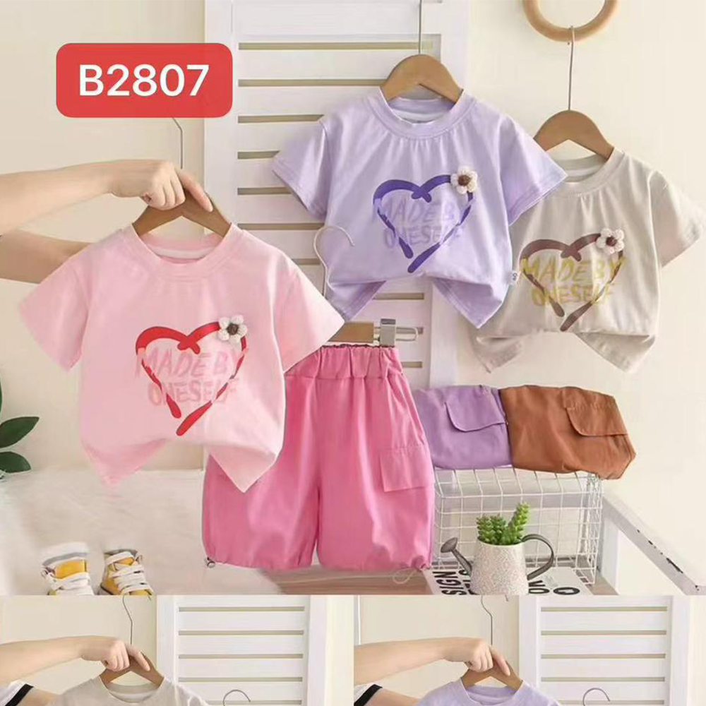 Imported Baby Girls Summer Heart Flower Shirt with Baggy Shorts (6 Months–4 Years)