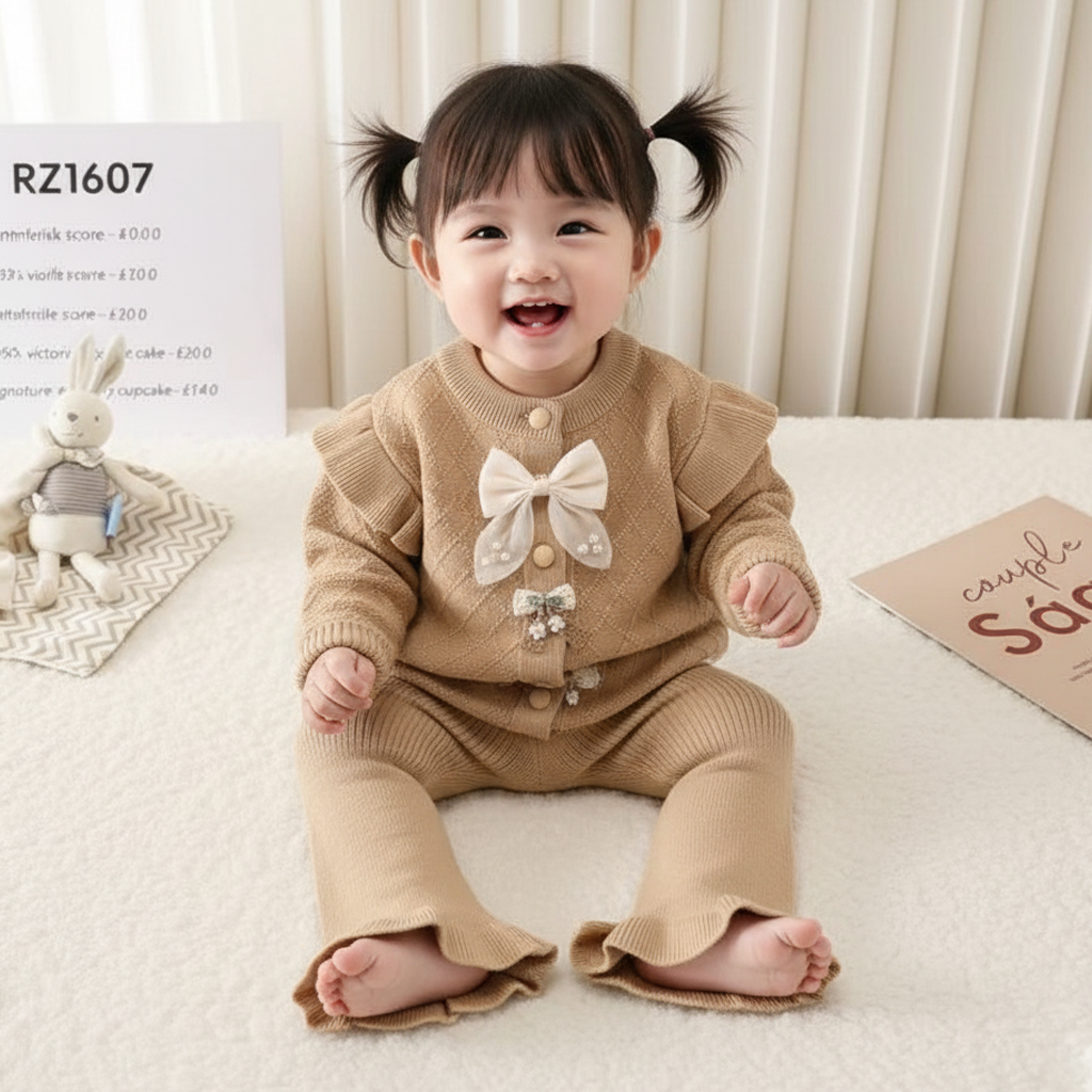 Imported Baby Girl Bowtie Winter Rabbit Wool Dress | Cute Stylish Bell Bottom Flapper Outfit (3–18 Months)