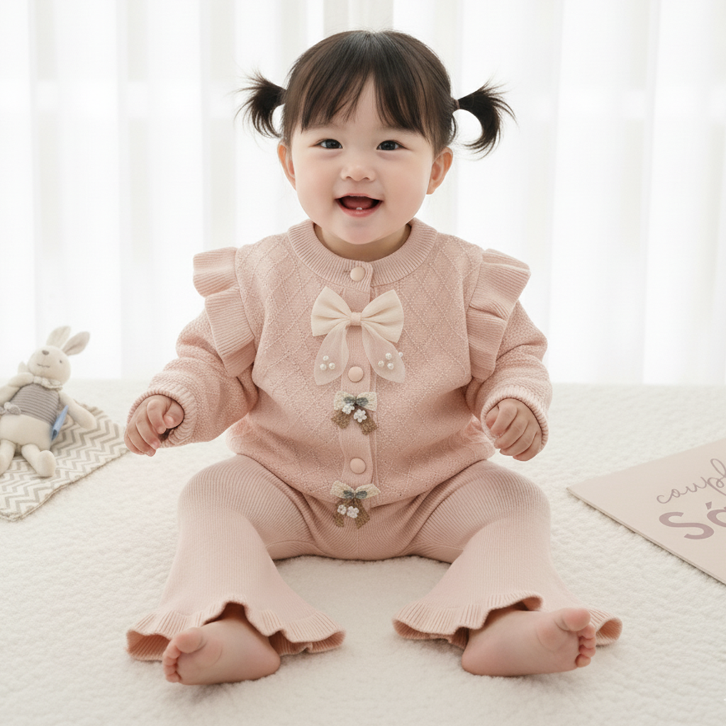 Imported Baby Girl Bowtie Winter Rabbit Wool Dress | Cute Stylish Bell Bottom Flapper Outfit (3–18 Months)