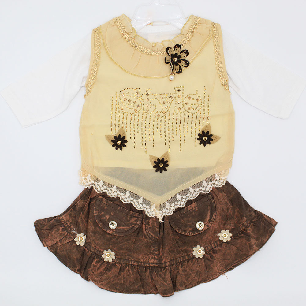 Baby Girl Fancy 3 Pcs Full Sleeves Dress with Skirt for 3-9 Months