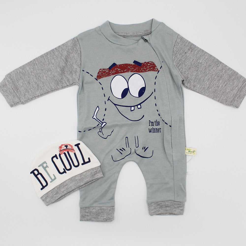 Imported Newborn Baby Full Sleeves SpongeBob Be Cool Zipper Romper with Cap for 0-3 Months