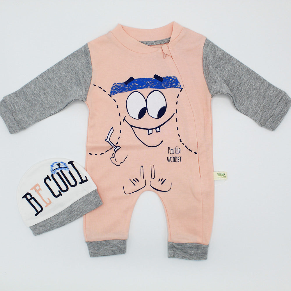 Imported Newborn Baby Full Sleeves SpongeBob Be Cool Zipper Romper with Cap for 0-3 Months