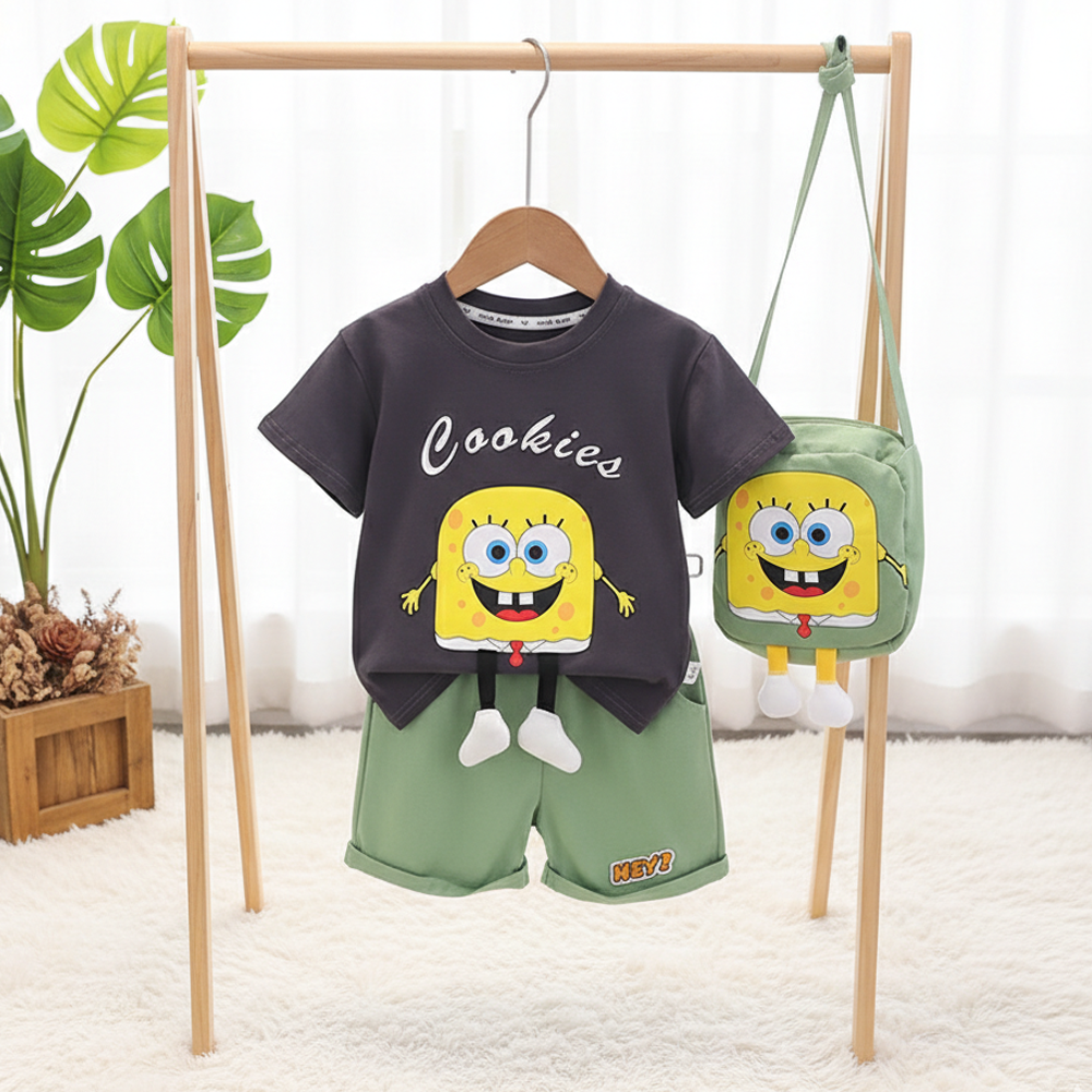 Imported Baby Kids Summer 3-Piece SpongeBob Outfit with Bag (6 Months–4 Years)