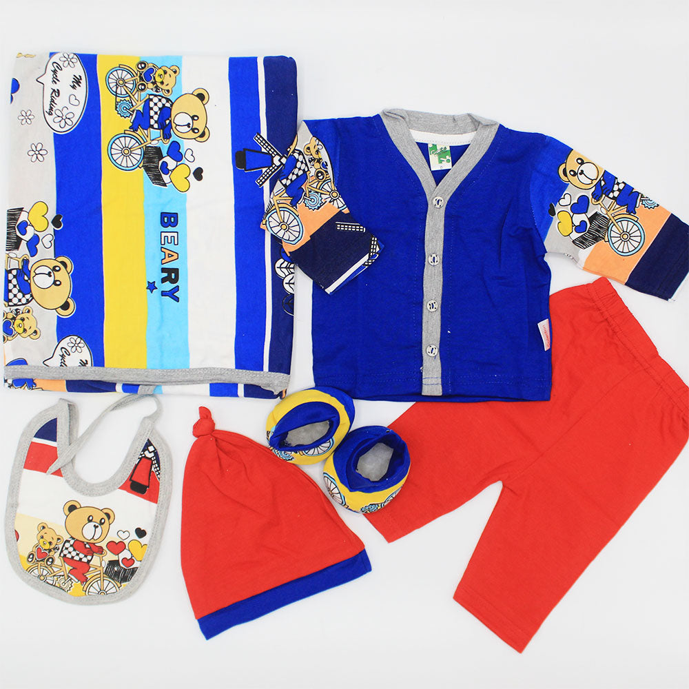 Newborn Baby Cutie Bear 6 Pcs Cute Cotton Summer Full Sleeves Starter Set with Wrapping Sheet for 0-3 Months