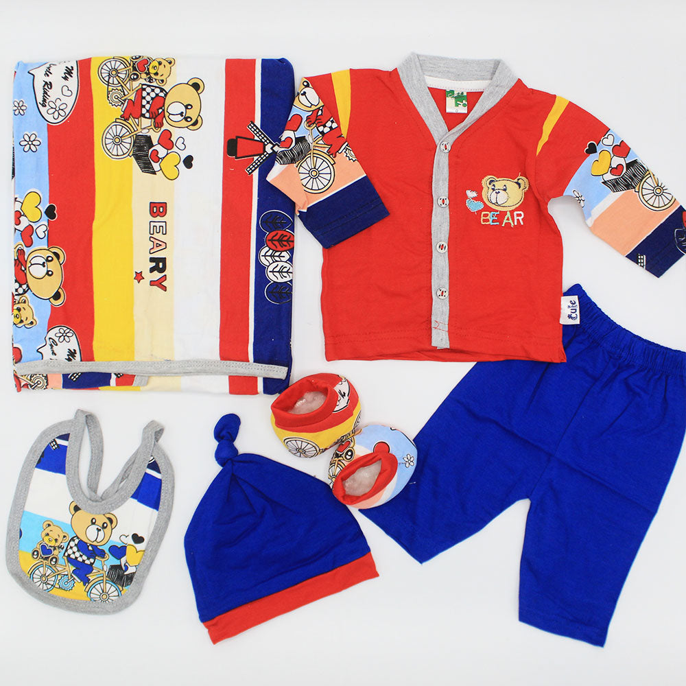 Newborn Baby Cutie Bear 6 Pcs Cute Cotton Summer Full Sleeves Starter Set with Wrapping Sheet for 0-3 Months