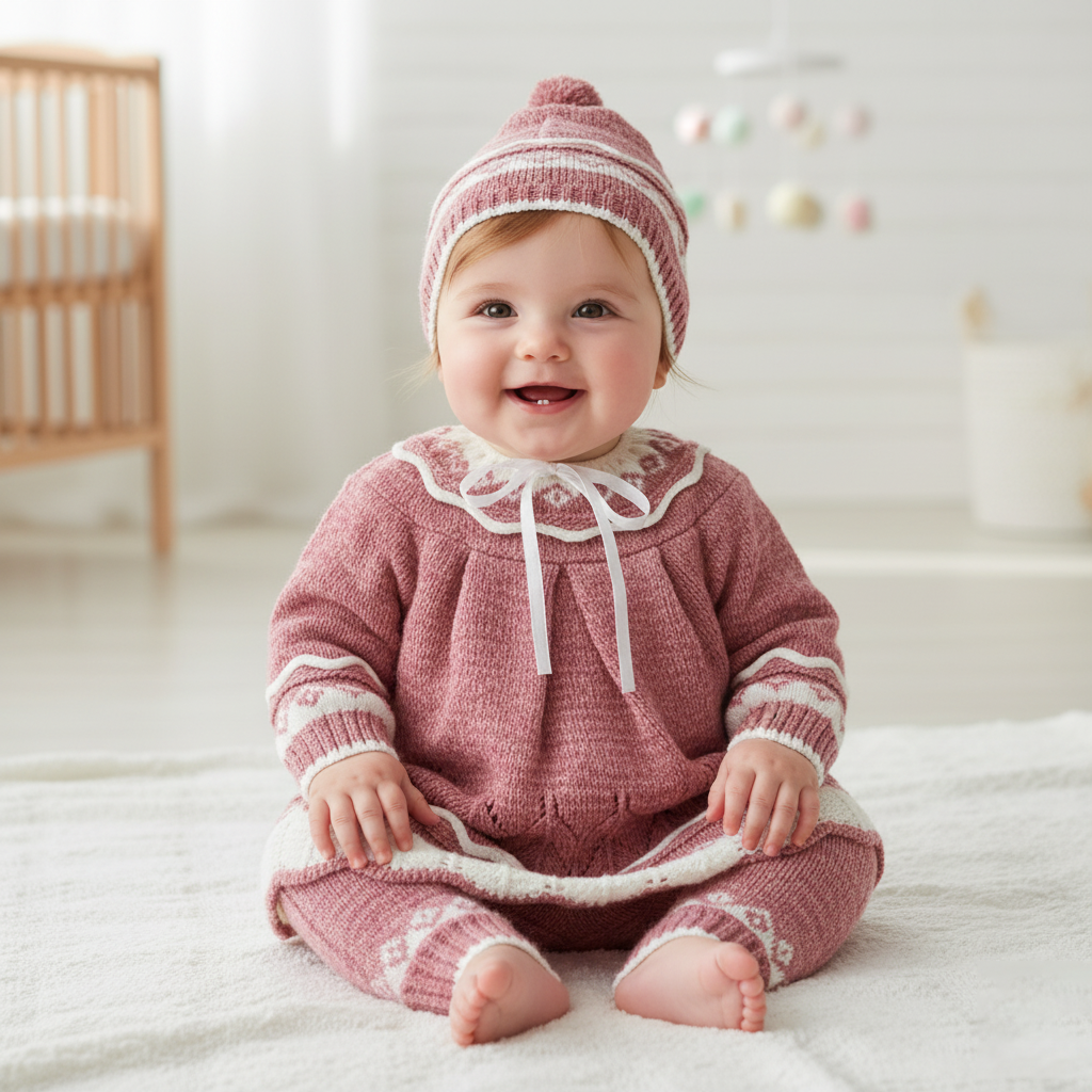 Imported Newborn Baby Girl Winter Woolen Knitted Baby Two Colored Frock Style Sweater Suit With Cap for 0-6 Months