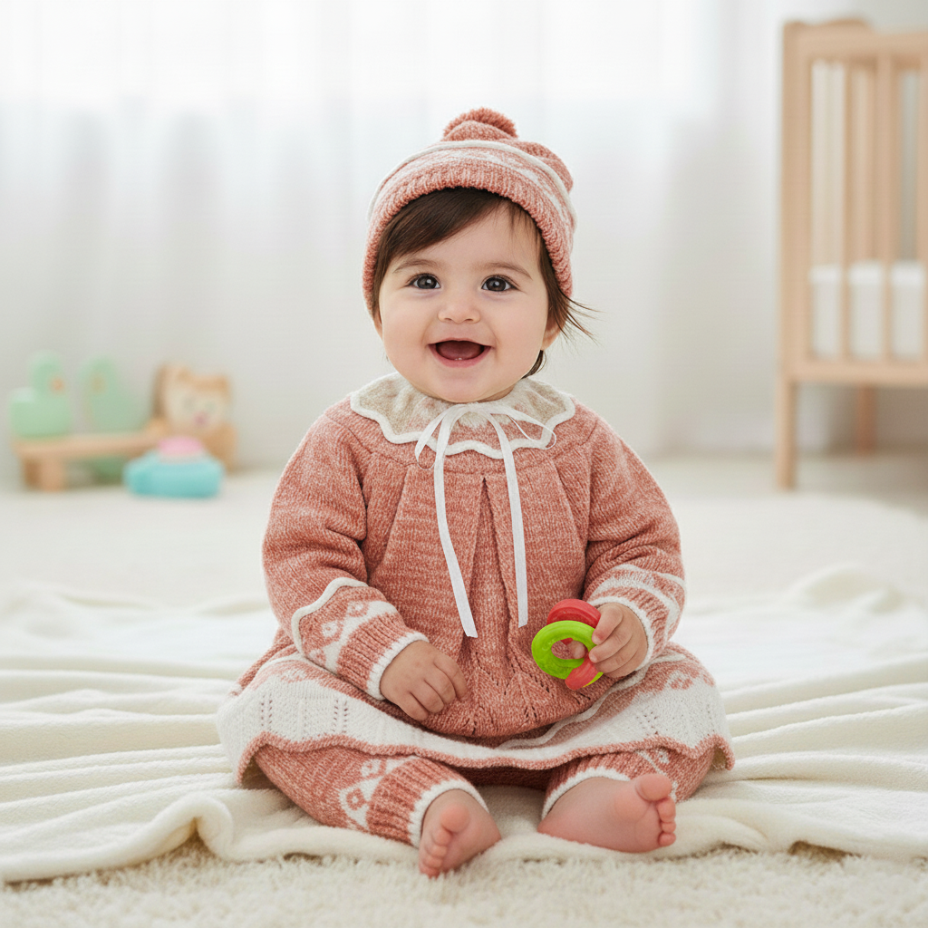 Imported Newborn Baby Girl Winter Woolen Knitted Baby Two Colored Frock Style Sweater Suit With Cap for 0-6 Months