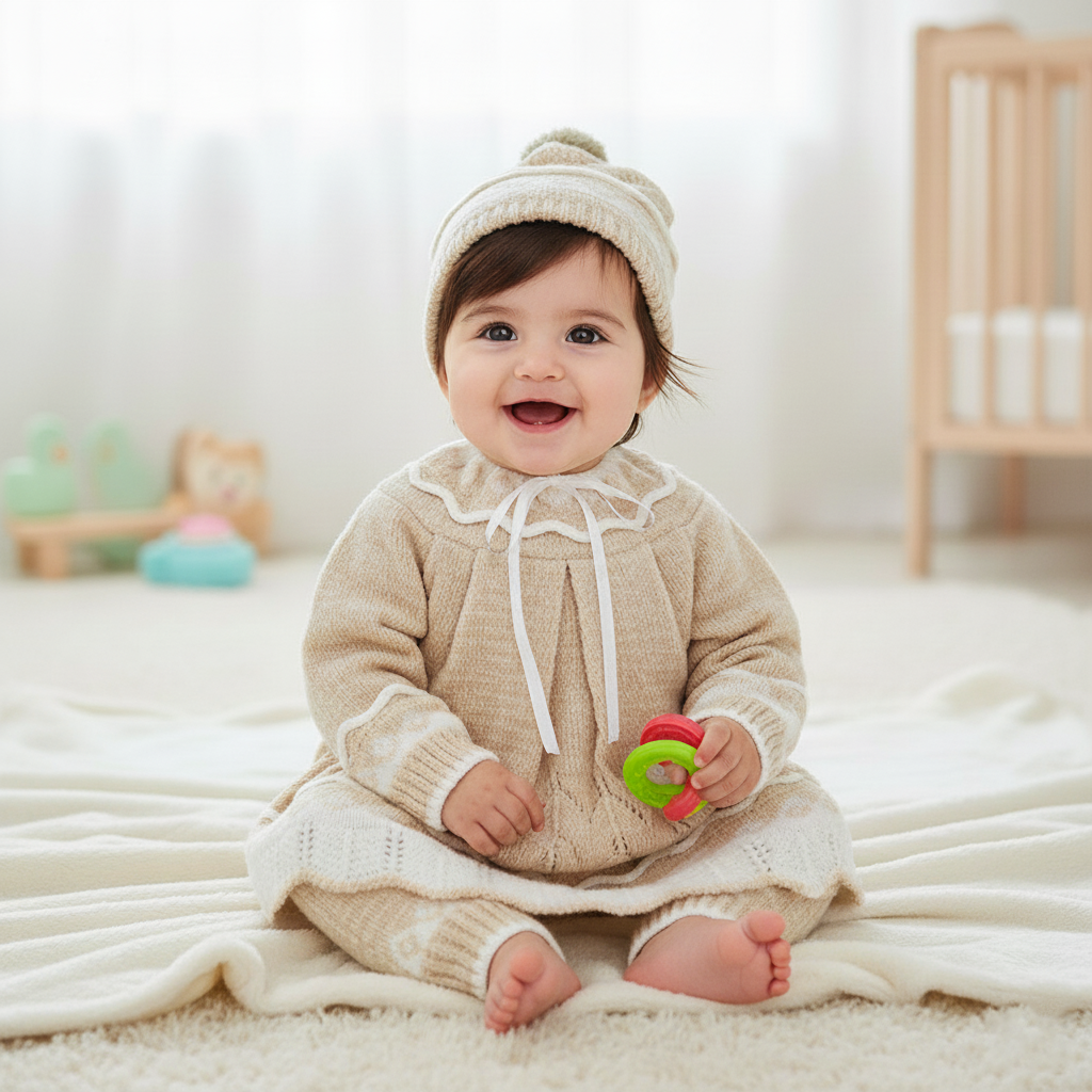Imported Newborn Baby Girl Winter Woolen Knitted Baby Two Colored Frock Style Sweater Suit With Cap for 0-6 Months