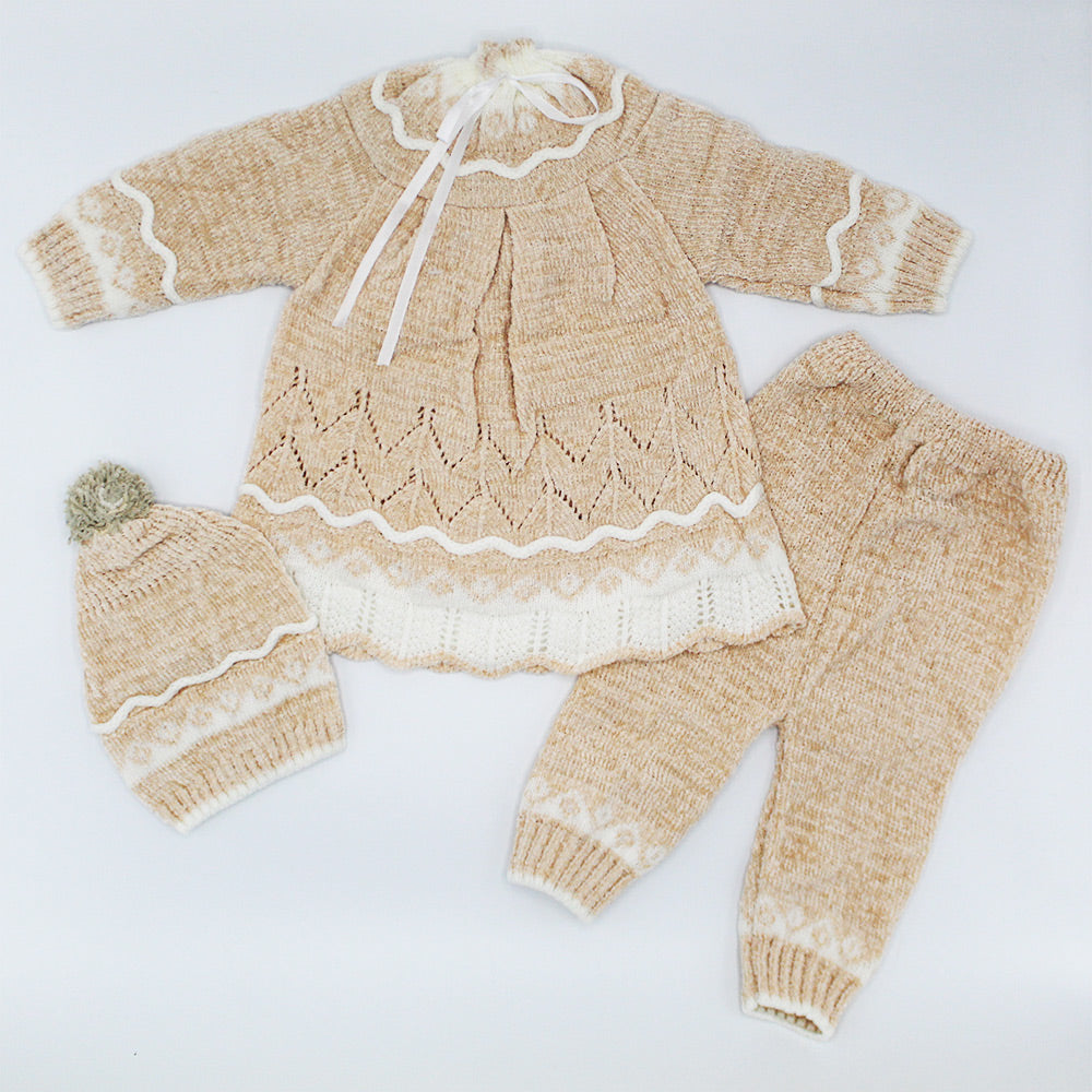 Imported Newborn Baby Girl Winter Woolen Knitted Baby Two Colored Frock Style Sweater Suit With Cap for 0-6 Months