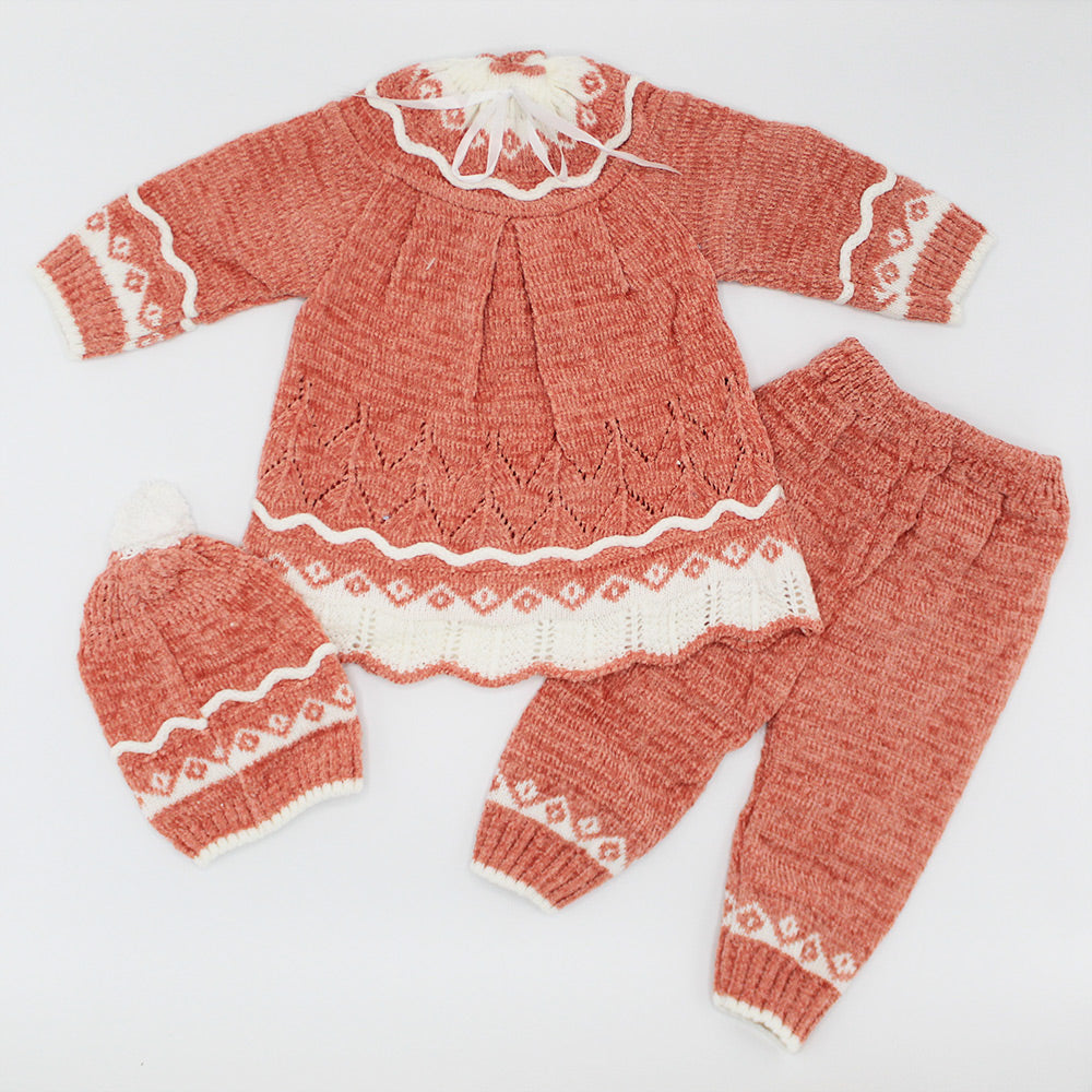 Imported Newborn Baby Girl Winter Woolen Knitted Baby Two Colored Frock Style Sweater Suit With Cap for 0-6 Months