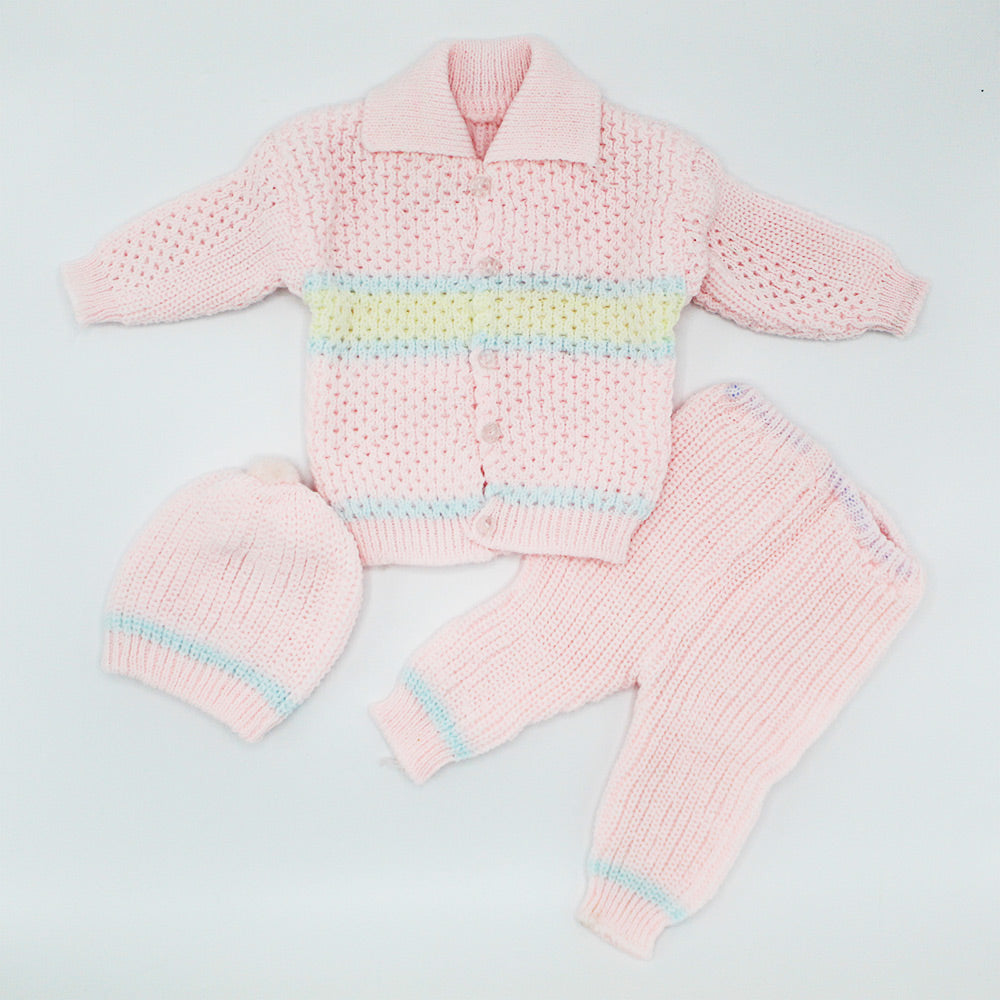 Newborn Baby Winter Collar Knitted Front Open Button Dress with Cap for 0-3 Months