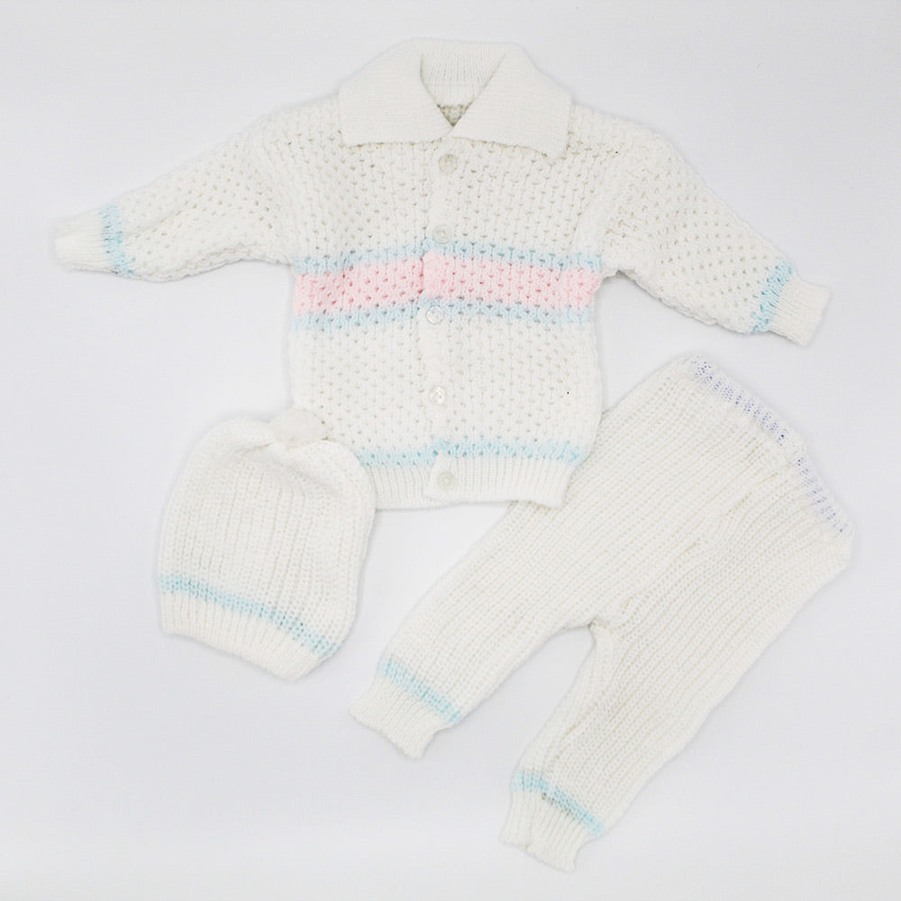 Newborn Baby Winter Collar Knitted Front Open Button Dress with Cap for 0-3 Months