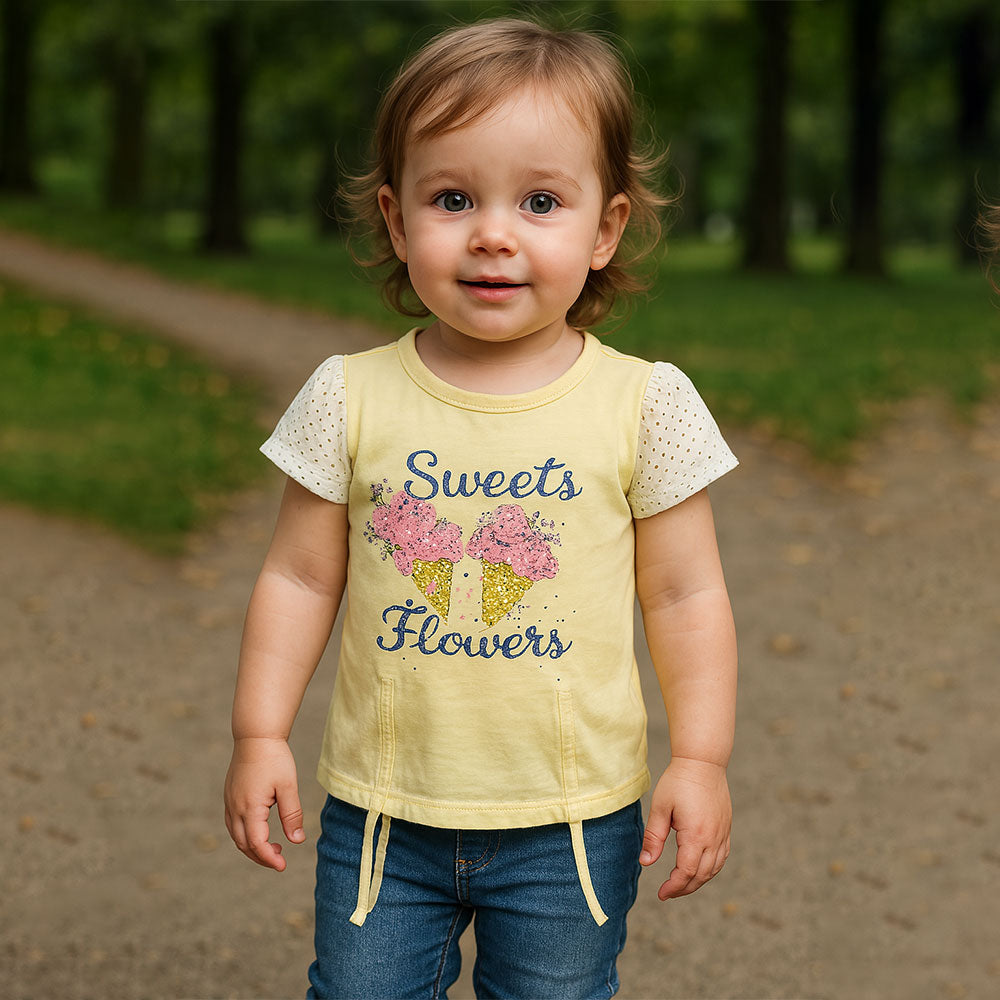 Imported Baby Girl Sweet Ice-cream Fancy Frock Fly Sleeve Pullover Shirt for 18 Months- 5 Years