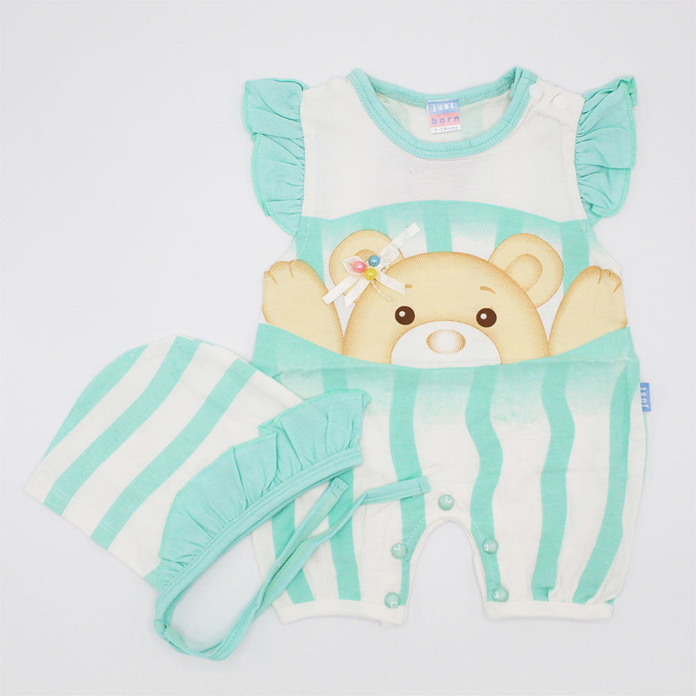 Newborn Baby Girl Cute Teddy Bear Frilly Romper with Frill Nod Cap for 0-3 Months