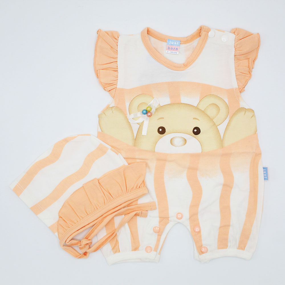 Newborn Baby Girl Cute Teddy Bear Frilly Romper with Frill Nod Cap for 0-3 Months