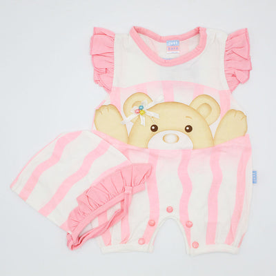 Newborn Baby Girl Cute Teddy Bear Frilly Romper with Frill Nod Cap for 0-3 Months