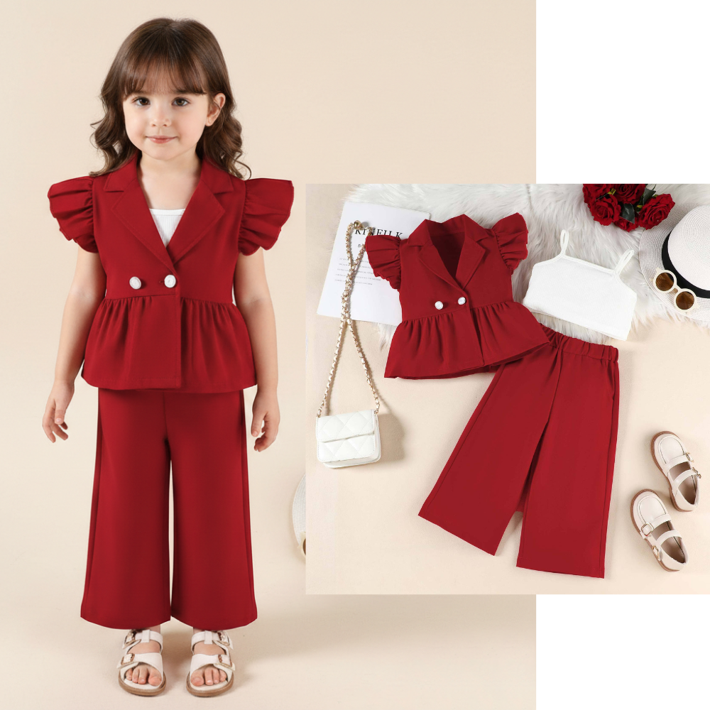 Imported Girls Trendy 3-Piece Outfit Set – Lapel Flying Sleeve Blazer, Inner Crop Top & Straight Pants (12 Months–5 Years)