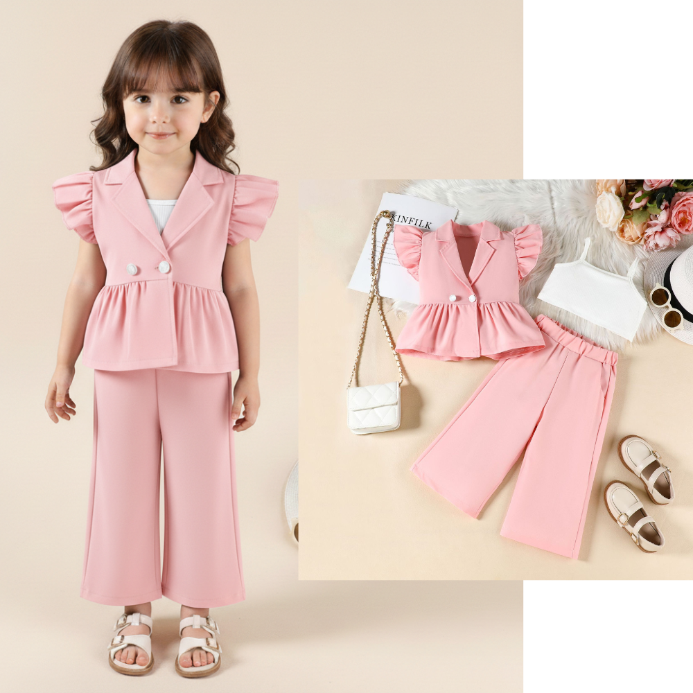 Imported Girls Trendy 3-Piece Outfit Set – Lapel Flying Sleeve Blazer, Inner Crop Top & Straight Pants (12 Months–5 Years)