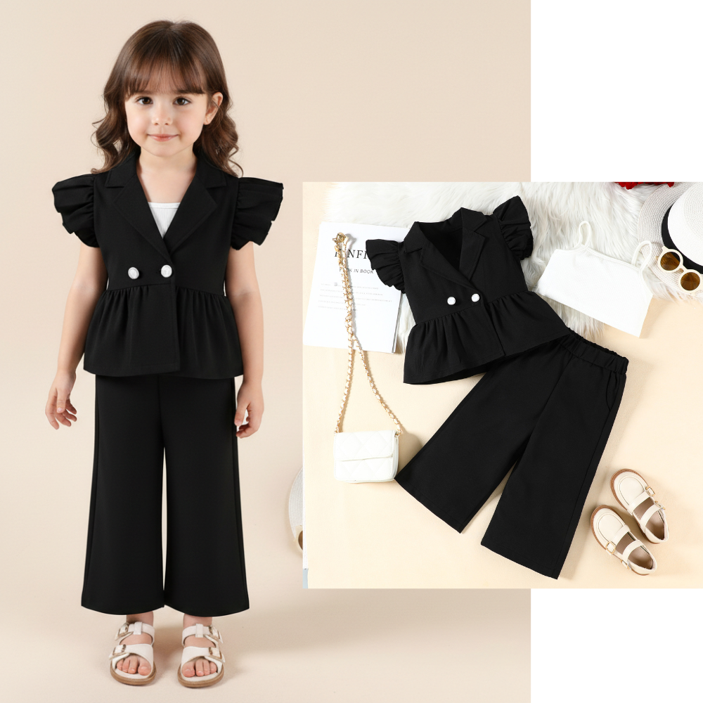 Imported Girls Trendy 3-Piece Outfit Set – Lapel Flying Sleeve Blazer, Inner Crop Top & Straight Pants (12 Months–5 Years)