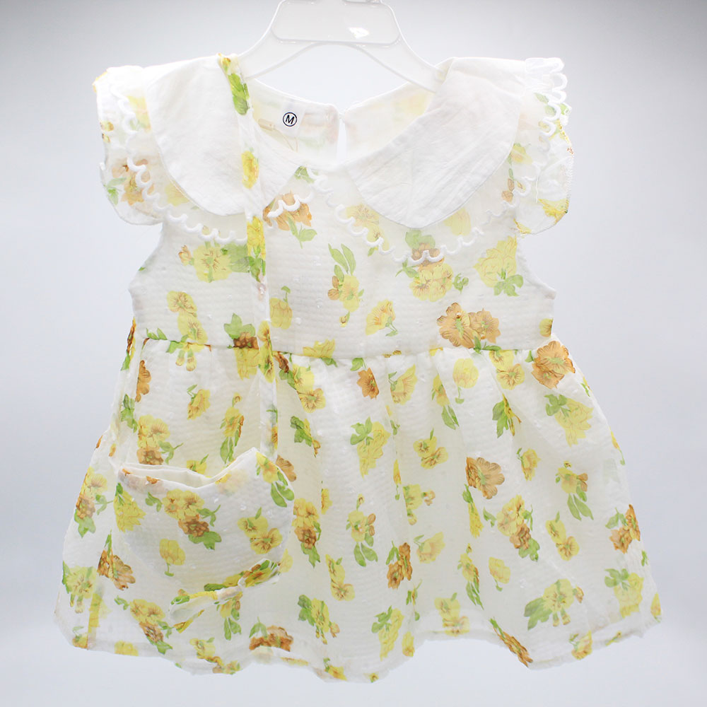 Imported Girls White Floral Fly Sleeveless Frock Shirt with Hanging Purse for 12 Months - 5 Years