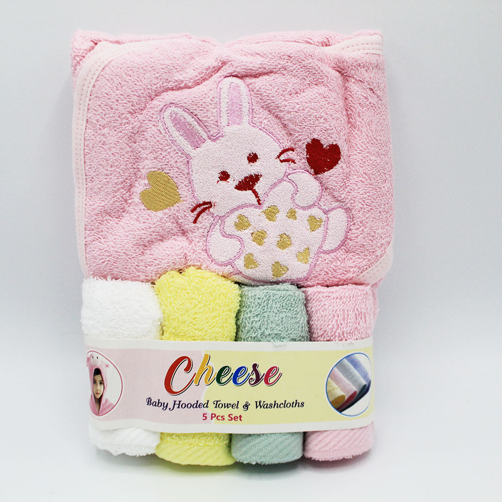 Imported Baby Bath Embroidered Hooded Towel & 4 Pcs Washcloths Set