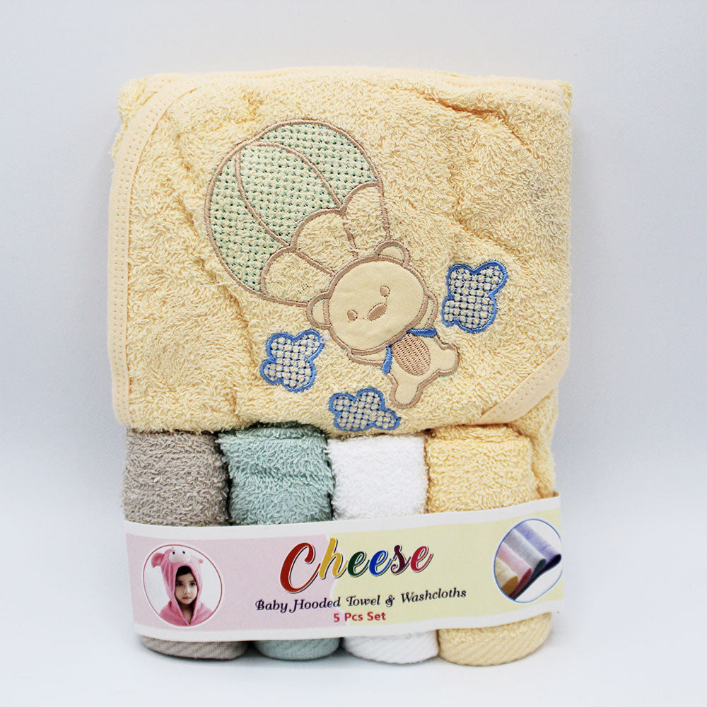 Imported Baby Bath Embroidered Hooded Towel & 4 Pcs Washcloths Set
